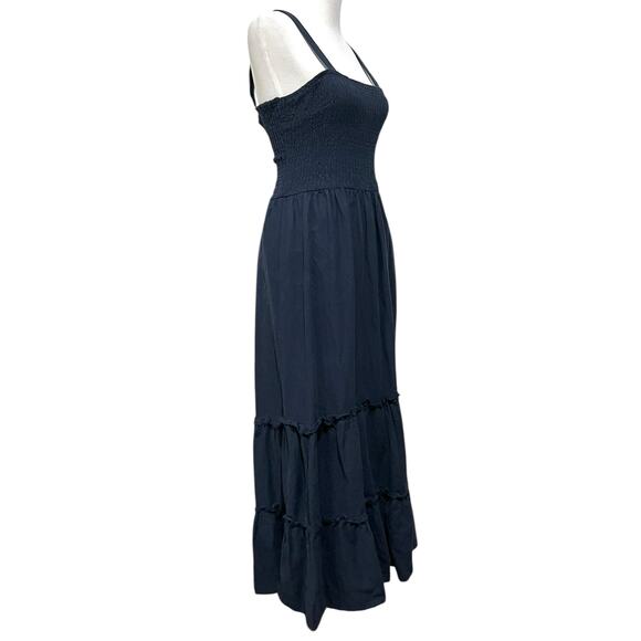 Falls Creek Linen Blend Dress Navy Blue Tiered Smocked Midi Womens Sz Large - Picture 7 of 9